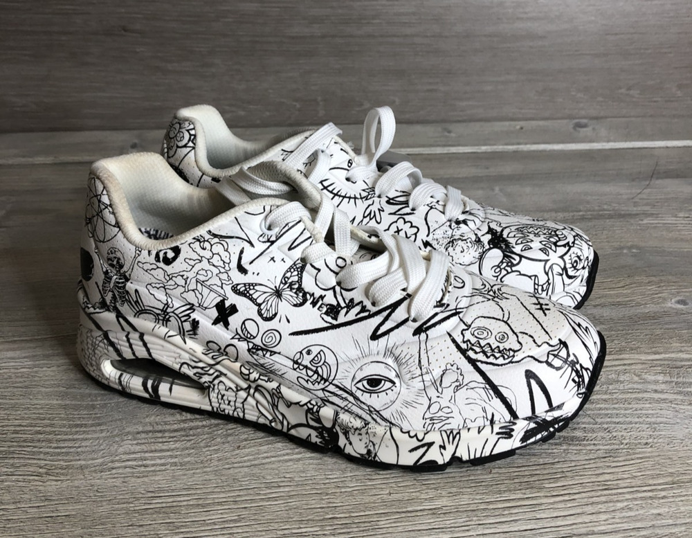 Skechers Vexx Uno Process Sketch Sneakers White Black Women 7.5